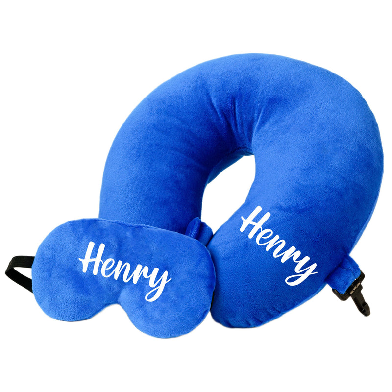 Personalized Neck Pillow And Eye Mask Set - Blue
