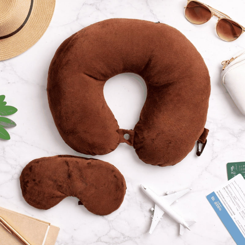 Personalized Neck Pillow And Eye Mask Set - Brown