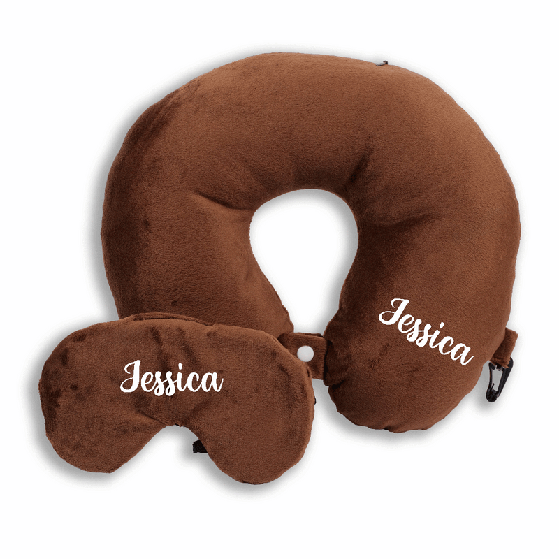 Personalized Neck Pillow And Eye Mask Set - Brown