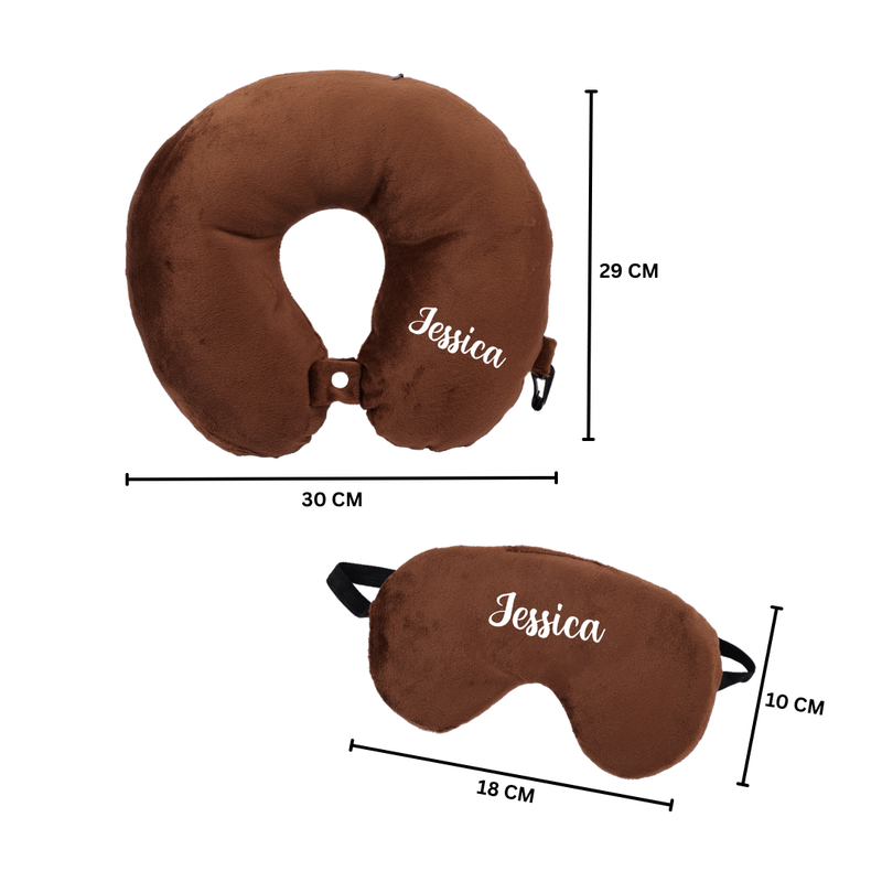 Personalized Neck Pillow And Eye Mask Set - Brown