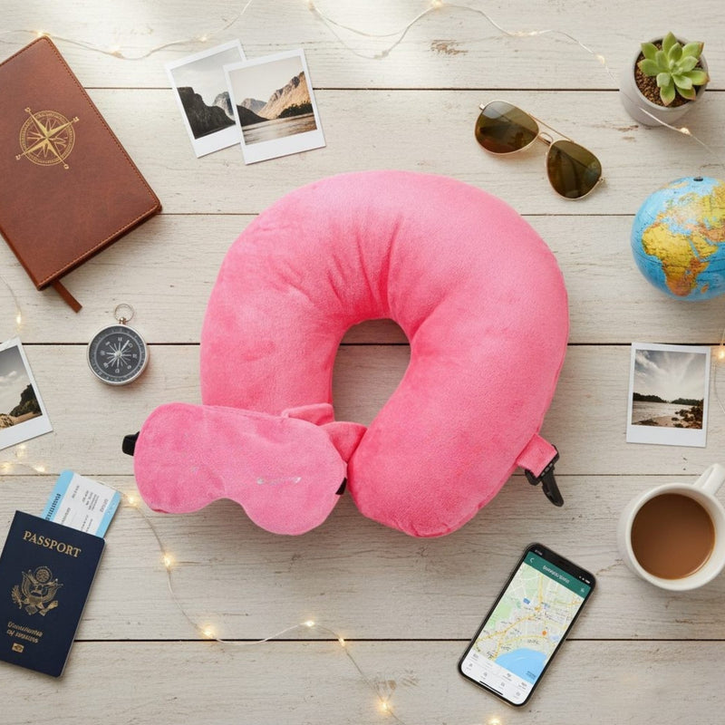 Personalized Neck Pillow And Eye Mask Set - Pink