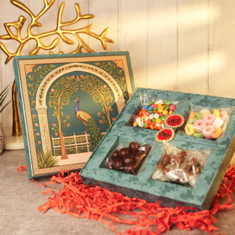 Peacock Art Diwali Treat Hamper with Chocolate Gems, Dark Chocolate & Dry Fruit Dragées