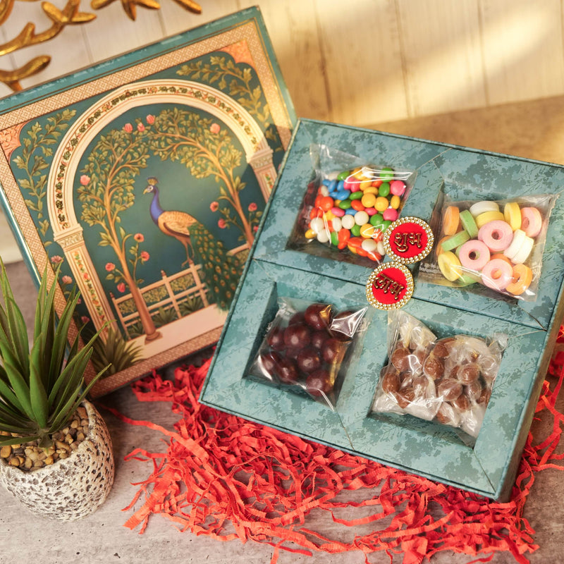 Peacock Art Diwali Treat Hamper with Chocolate Gems, Dark Chocolate & Dry Fruit Dragées