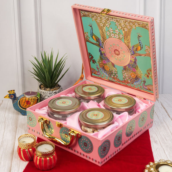 Pink Peacock Diwali Hamper with Premium Treats, Gold-Lidded Jars.