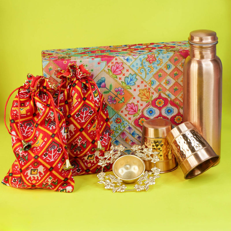 Traditional Wellness Diwali Hamper with Copper Bottle,Copper Glass, Patola Potlis & Floral Diya