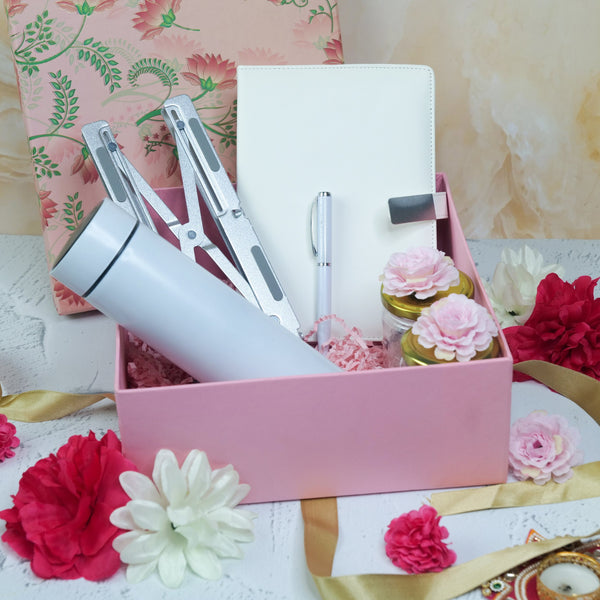 Premium Corporate Diwali Hamper with Laptop Stand, Leather Notebook, Smart Flask & Rose Jars