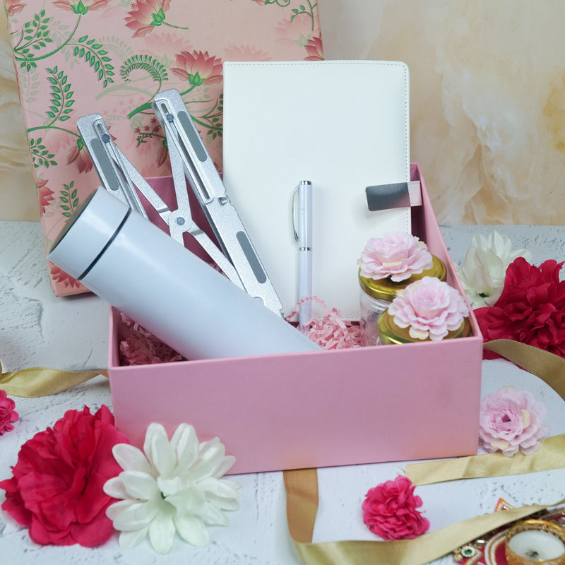 Premium Corporate Diwali Hamper with Laptop Stand, Leather Notebook, Smart Flask & Rose Jars