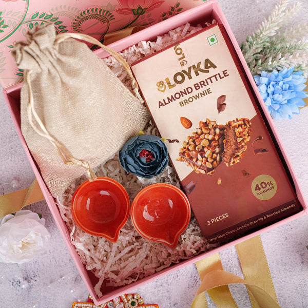 Premium Diwali Delight Hamper with Lotus Gift Box, Almond Brittle, Potli Bag & Terracotta Diyas