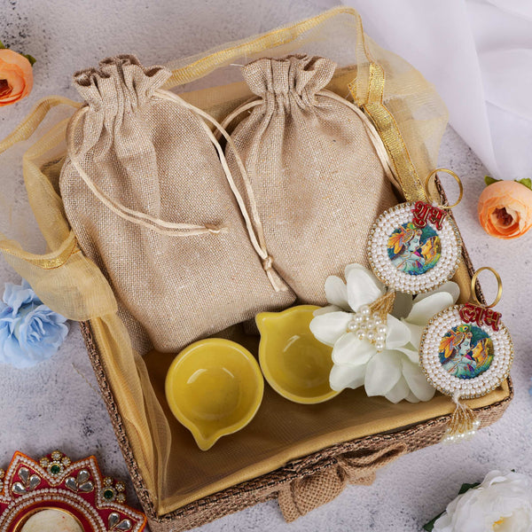 Royal Diwali Gift Hamper with Dry Fruits, Radha Krishna Shubh Labh Hangings & Diyas