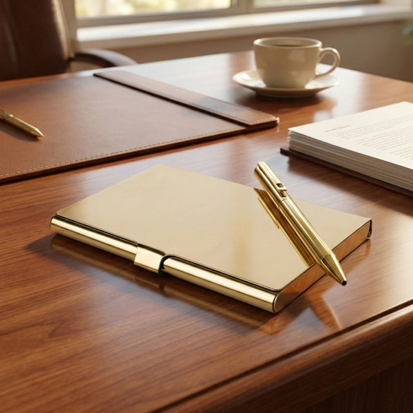 Personalized Gold Box Pen and Card Holder Set