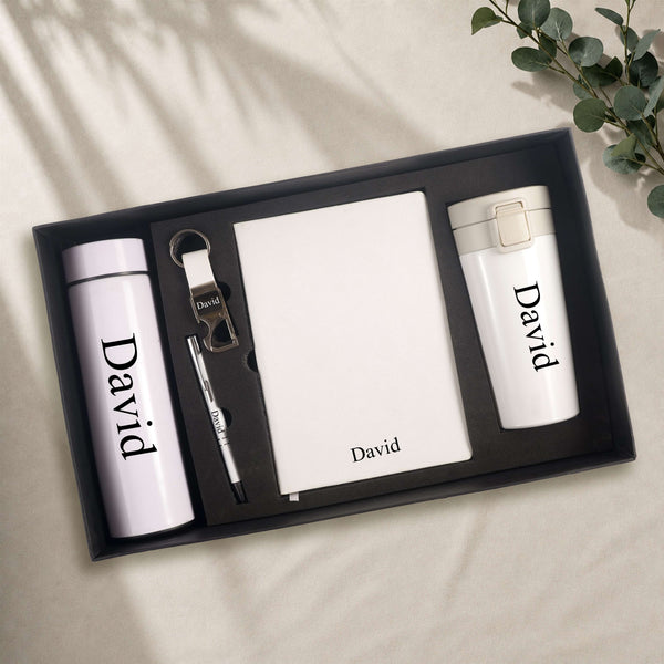 Personalized Set of 5-in-1 Diary, Bottle, Keychain, Pen and Tumbler
