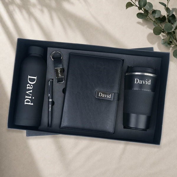 Personalized Set of 5-in-1 Diary, Pen, Bottle, Tumbler and Keychain