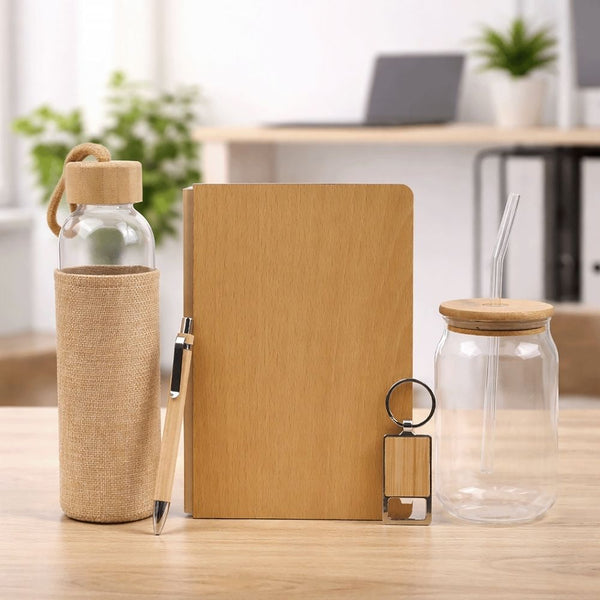Personalized Set of 5-in-1 Glass Bottle, Glass Tumbler, Dairy, Pen and Keychain