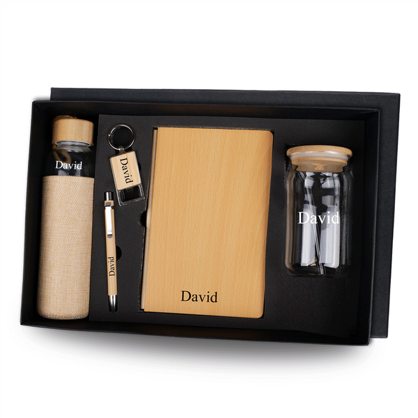 Personalized Set of 5-in-1 Glass Bottle, Glass Tumbler, Dairy, Pen and Keychain