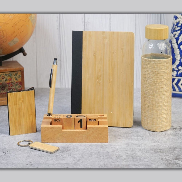 Personalized Set of 6-in-1 Diary, Wooden Calendar, Pen, Glass Bottle and Keychain