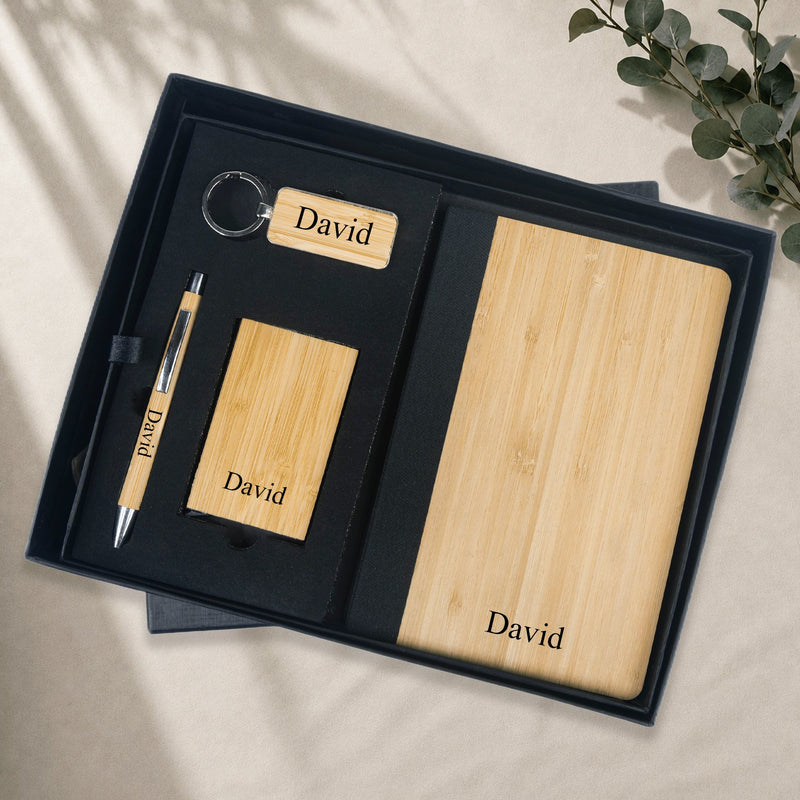 Personalized Set of 6-in-1 Diary, Wooden Calendar, Pen, Glass Bottle and Keychain