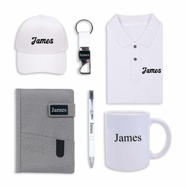 Personalized Set of 6-in-1 Tshirt, Diary, Mug, Pen, Cap and Keychain