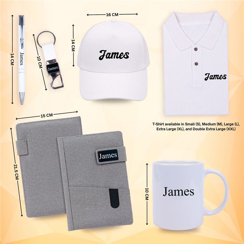 Personalized Set of 6-in-1 Tshirt, Diary, Mug, Pen, Cap and Keychain