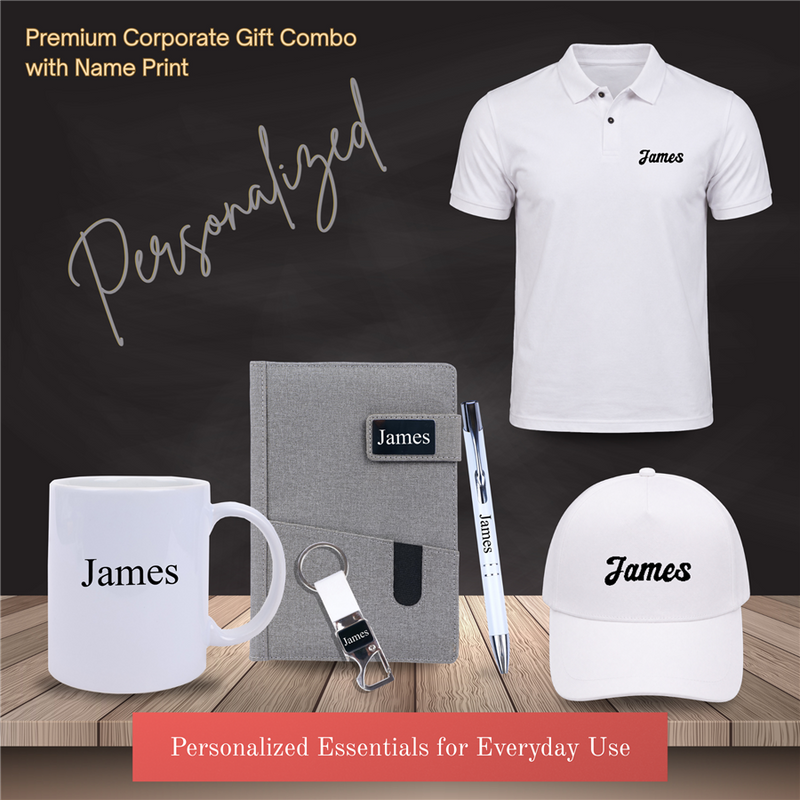 Personalized Set of 6-in-1 Tshirt, Diary, Mug, Pen, Cap and Keychain