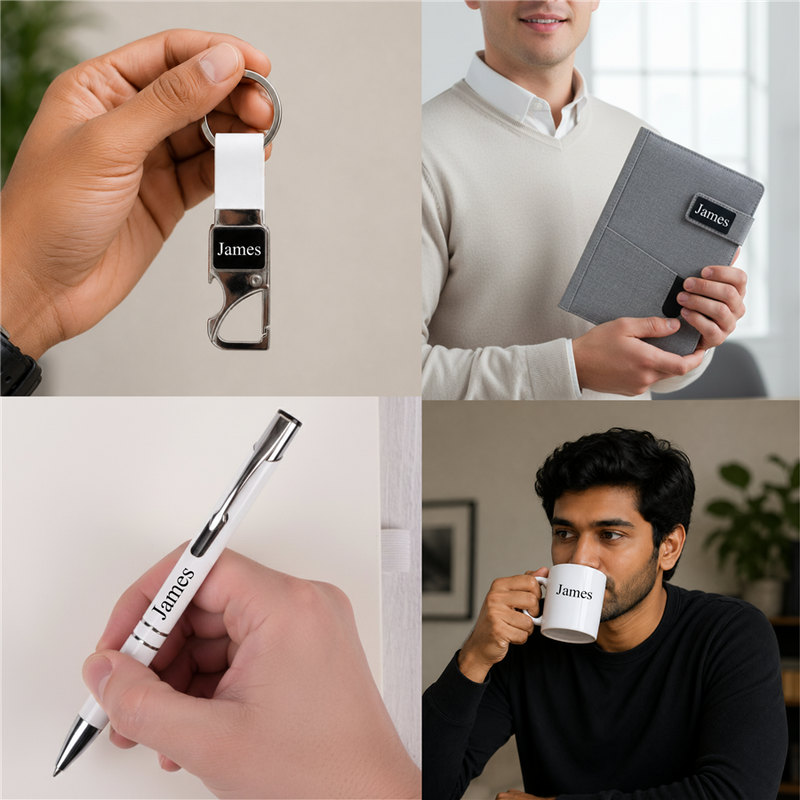 Personalized Set of 6-in-1 Tshirt, Diary, Mug, Pen, Cap and Keychain