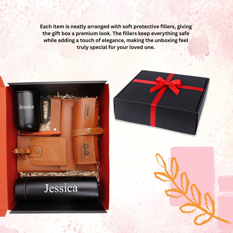 Personalized Set of 8-in-1 Bottle, Mug, Passport Cover, Luggage Tag, Pen, Eyewear Case, Keychain and Wallet