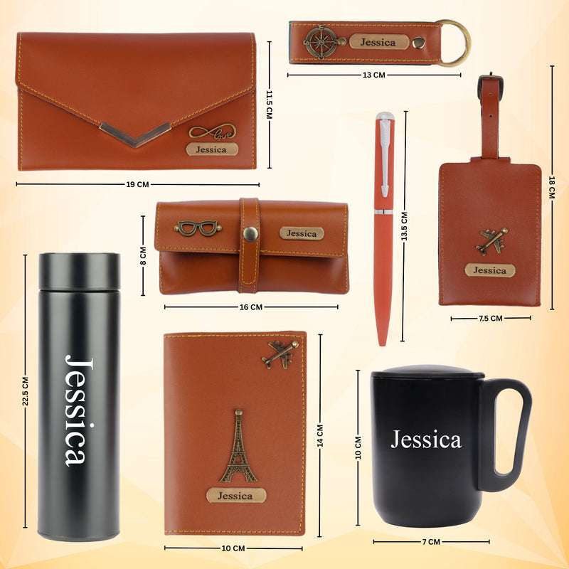 Personalized Set of 8-in-1 Bottle, Mug, Passport Cover, Luggage Tag, Pen, Eyewear Case, Keychain and Wallet