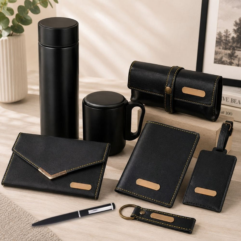 Personalized Set of 8-in-1 Bottle, Mug, Passport Cover, Luggage Tag, Pen, Eyewear Case, Keychain and Wallet