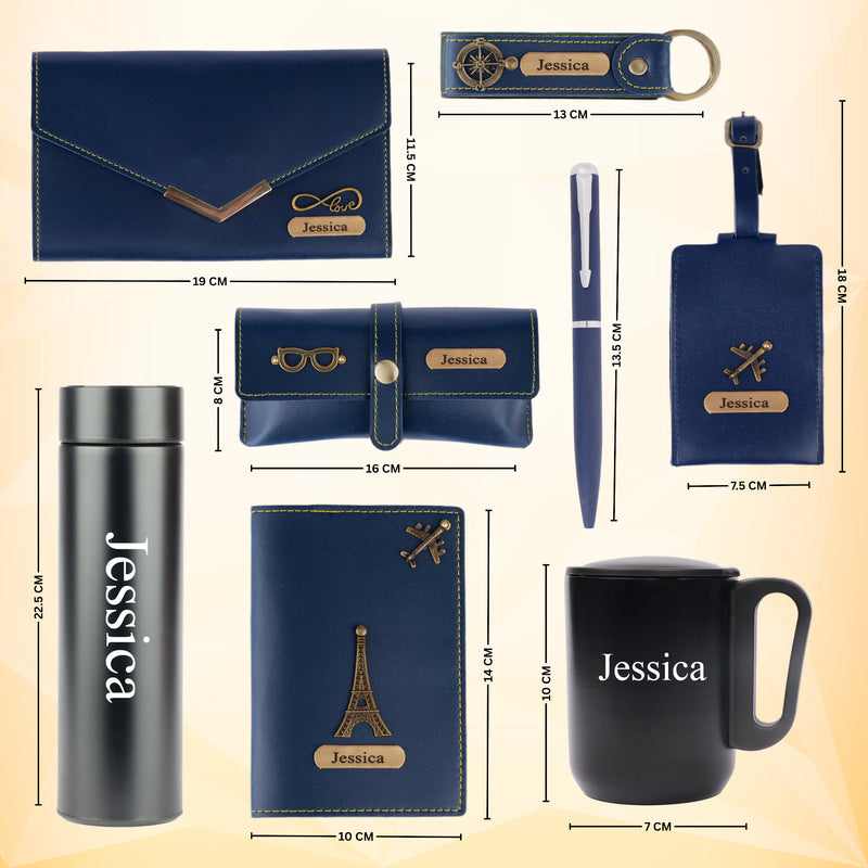Personalized Set of 8-in-1 Bottle, Mug, Passport Cover, Luggage Tag, Pen, Eyewear Case, Keychain and Wallet