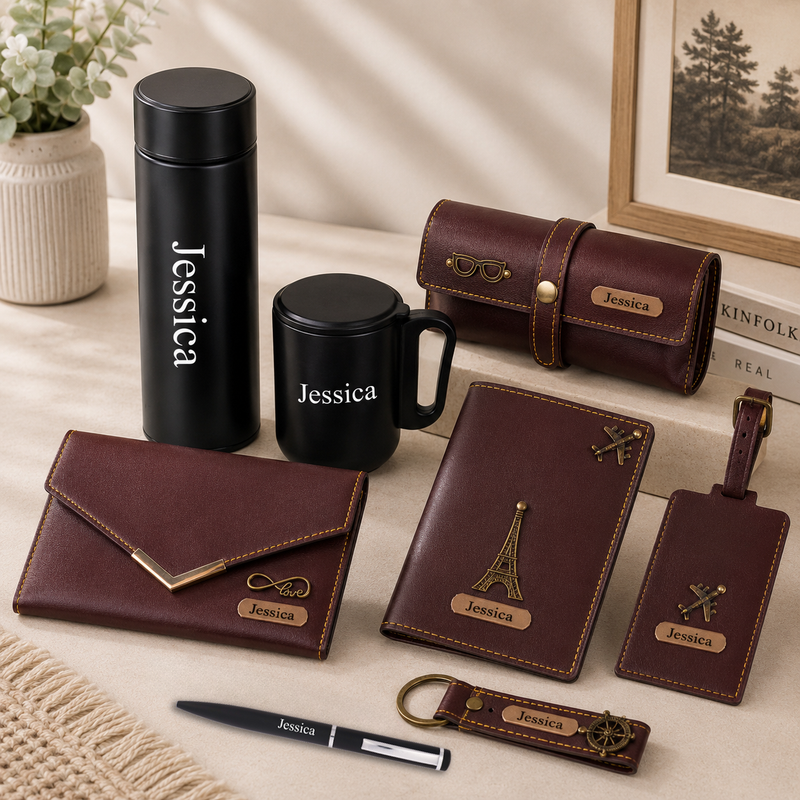 Personalized Set of 8-in-1 Bottle, Mug, Passport Cover, Luggage Tag, Pen, Eyewear Case, Keychain and Wallet