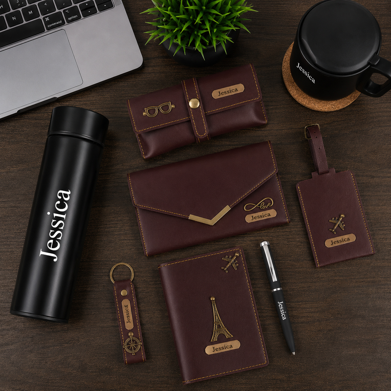 Personalized Set of 8-in-1 Bottle, Mug, Passport Cover, Luggage Tag, Pen, Eyewear Case, Keychain and Wallet