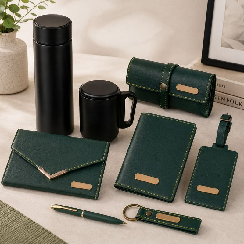 Personalized Set of 8-in-1 Bottle, Mug, Passport Cover, Luggage Tag, Pen, Eyewear Case, Keychain and Wallet