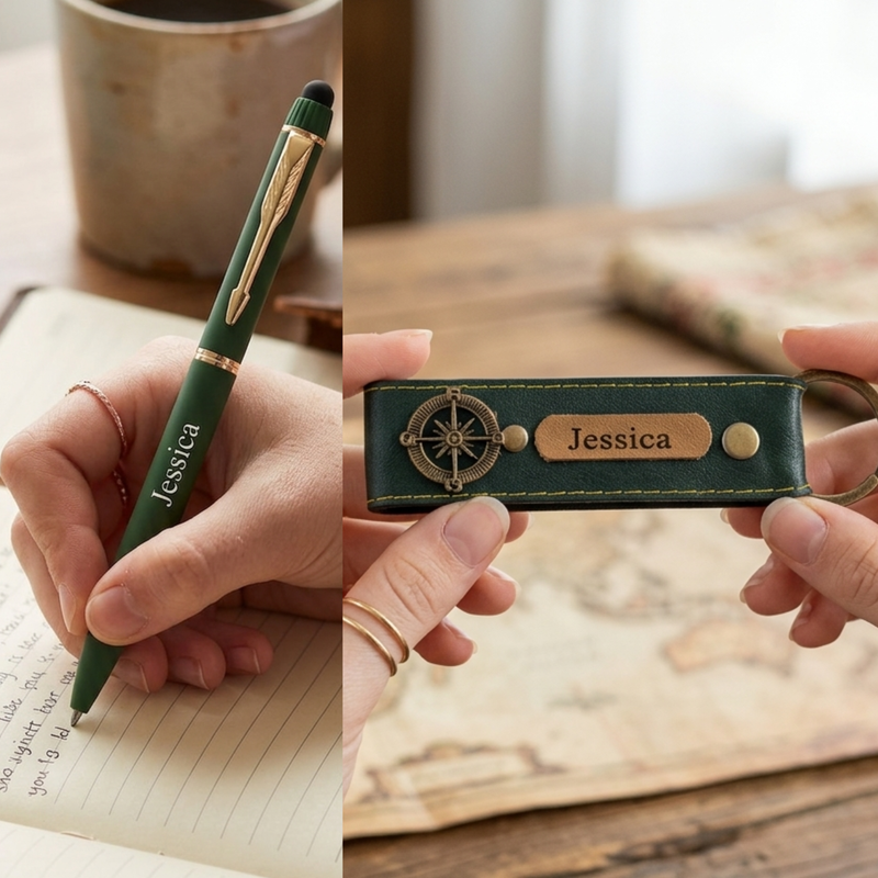 Personalized Set of 8-in-1 Bottle, Mug, Passport Cover, Luggage Tag, Pen, Eyewear Case, Keychain and Wallet