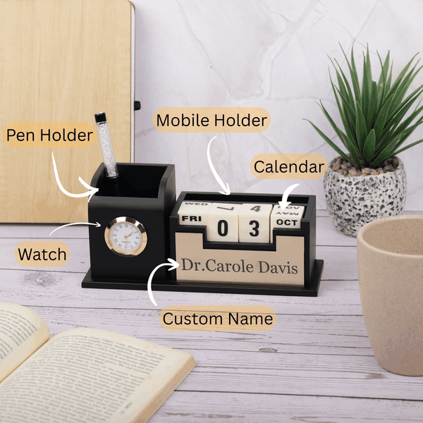 Personalized Desk Organizer Phone And Mobile Holder, Watch And Calendar