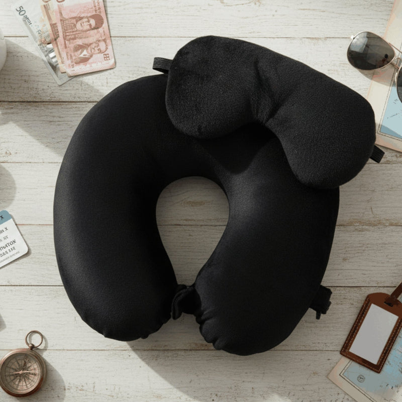 Personalized Neck Pillow And Eye Mask Set - Black