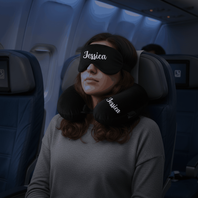 Personalized Neck Pillow And Eye Mask Set - Black