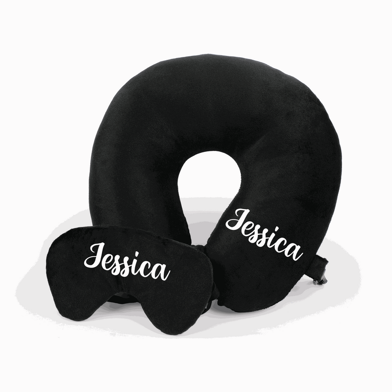 Personalized Neck Pillow And Eye Mask Set - Black
