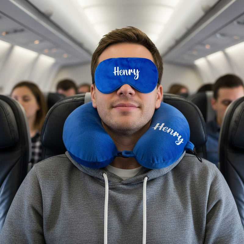Personalized Neck Pillow And Eye Mask Set - Blue