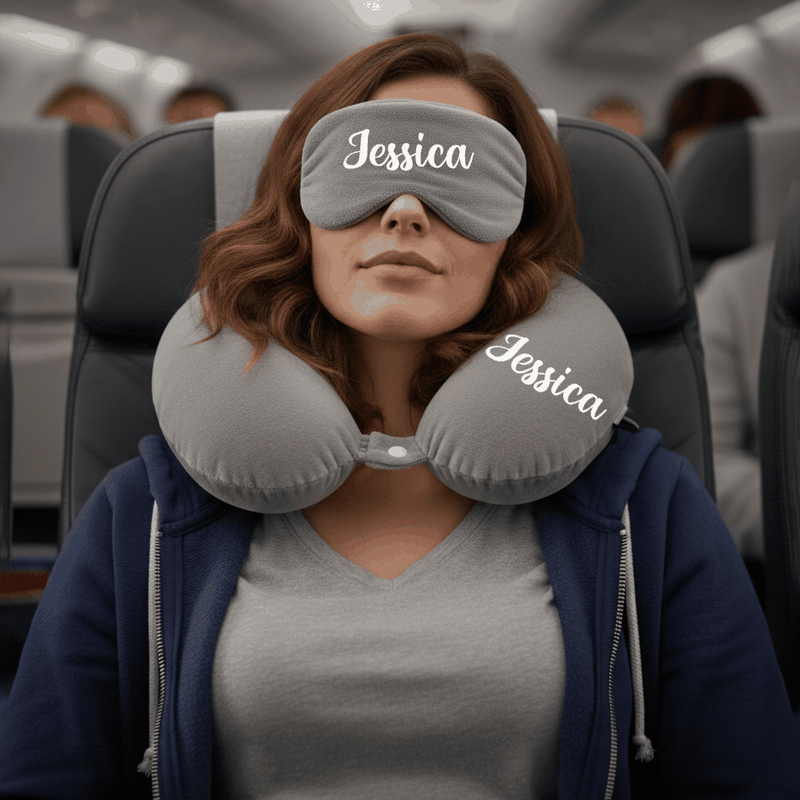 Personalized Neck Pillow And Eye Mask Set - Gray