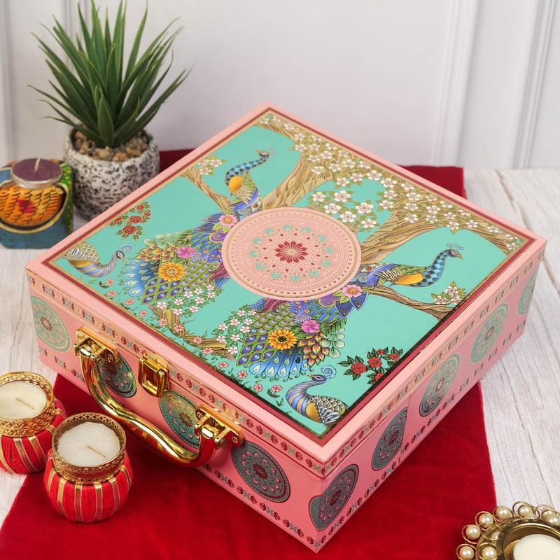 Pink Peacock Diwali Hamper with Premium Treats, Gold-Lidded Jars.