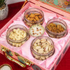 Pink Peacock Diwali Hamper with Premium Treats, Gold-Lidded Jars.