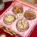Pink Peacock Diwali Hamper with Premium Treats, Gold-Lidded Jars.