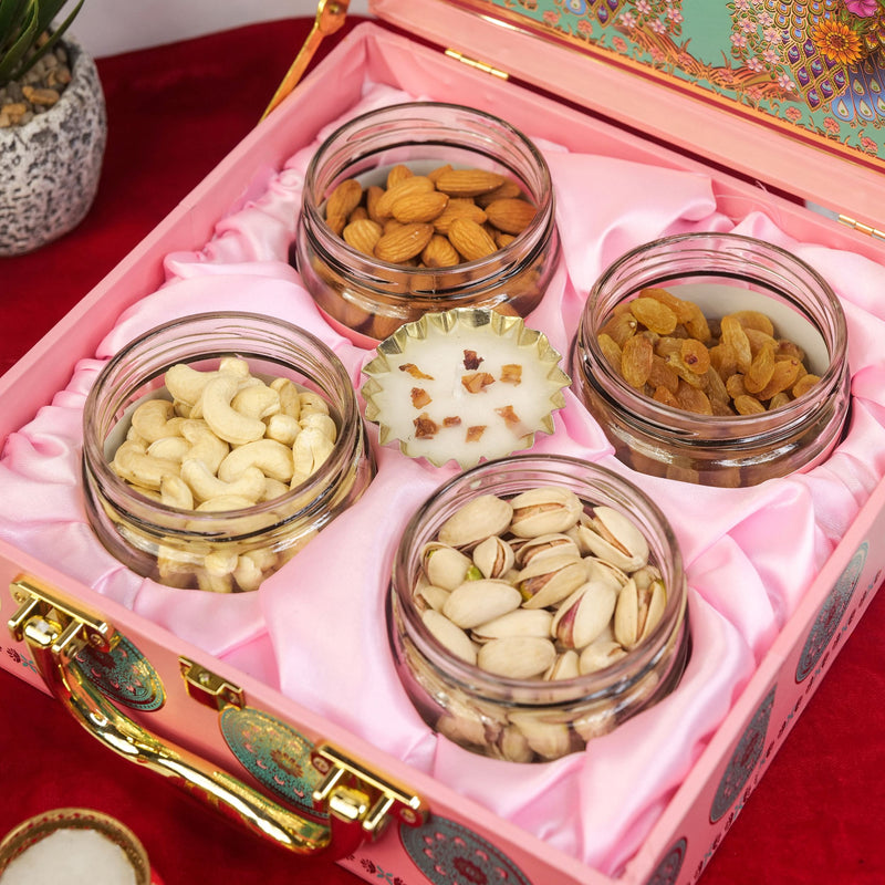Pink Peacock Diwali Hamper with Premium Treats, Gold-Lidded Jars.
