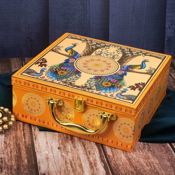 Golden Peacock Diwali Hamper with Premium Dry Fruits, Glass Jar