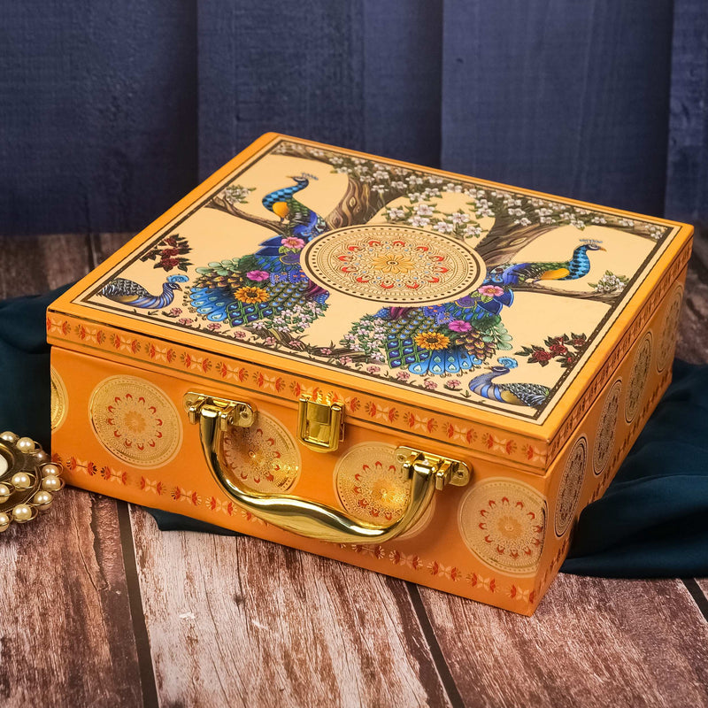 Golden Peacock Diwali Hamper with Premium Dry Fruits, Glass Jar