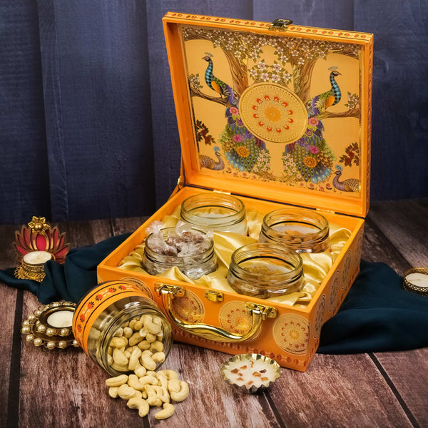 Golden Peacock Diwali Hamper with Premium Dry Fruits, Glass Jar