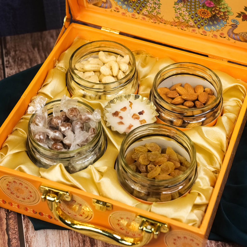 Golden Peacock Diwali Hamper with Premium Dry Fruits, Glass Jar