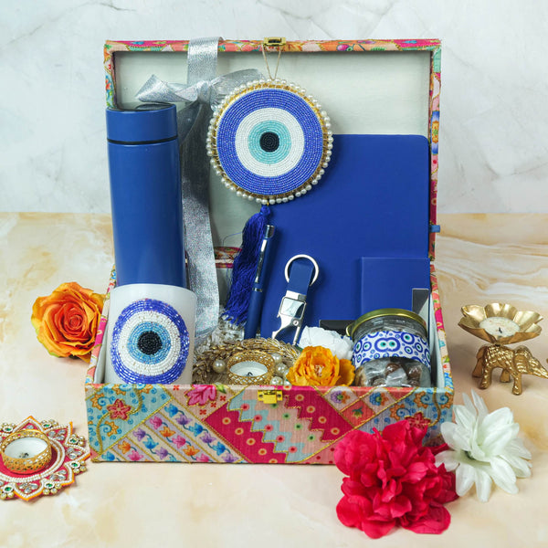 Premium Festive Diwali Hamper with Smart Flask, Leather Notebook, Evil Eye Candle , Chocolates & Diya
