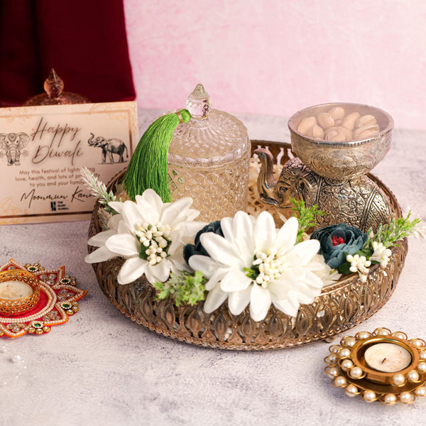 Grand Brass Diwali Hamper with Decorative Lattice Tray, Elephant Figurine, Dry Fruits & Festive Decor