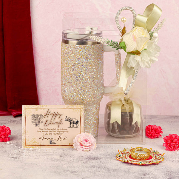 Luxury Diwali Celebration Hamper with Crystal Travel Tumbler, Gourmet Chocolates.