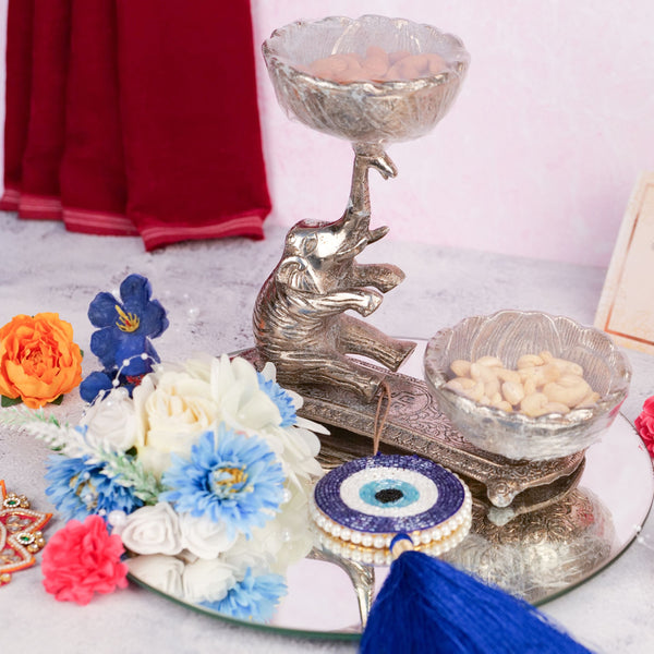 Traditional Diwali Blessings Hamper with Mirror Tray, Silver Elephant, Dry Fruits & Evil Eye Decor